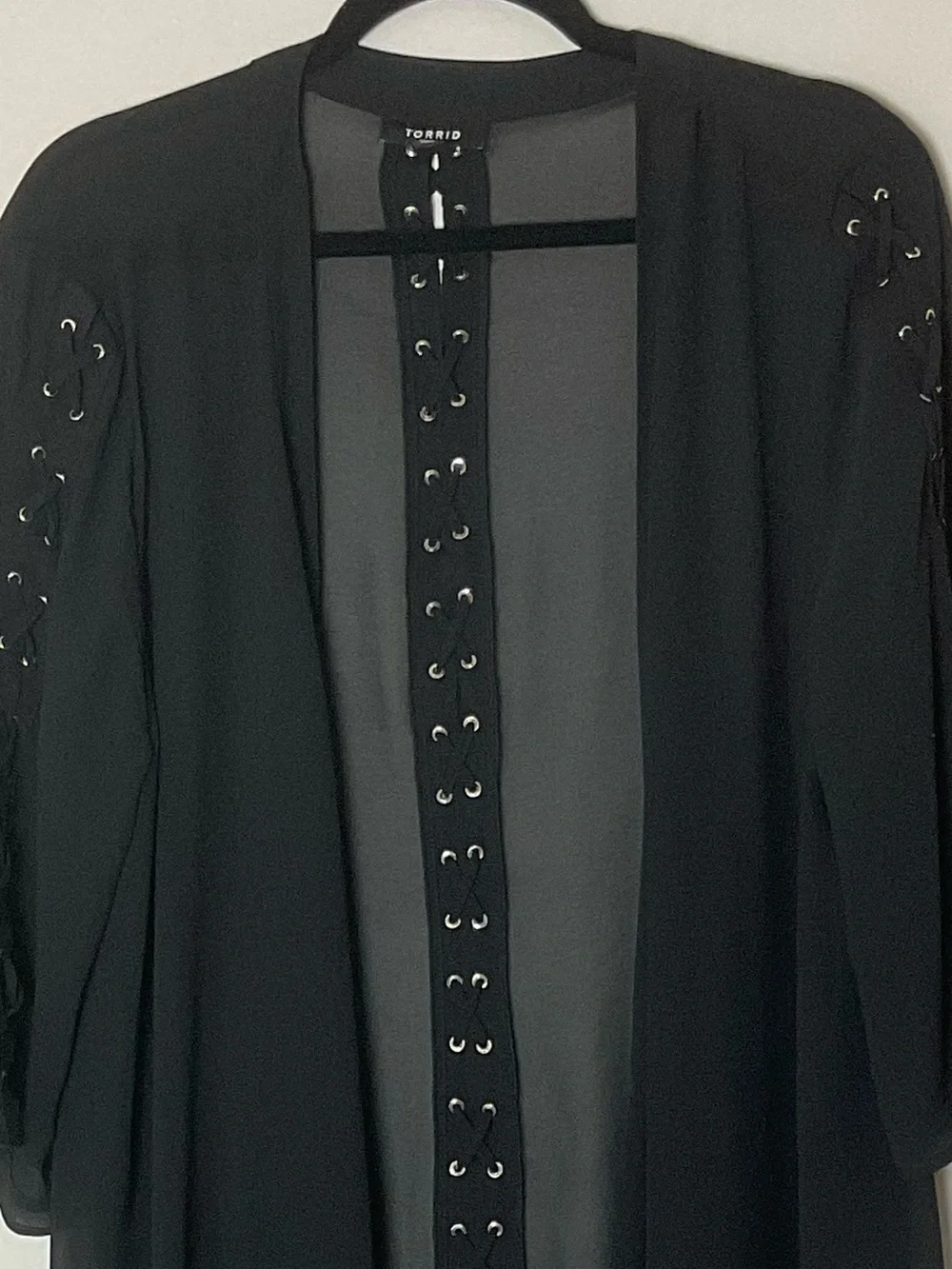 torrid Black Sheer Open-Front Kimono Lace-Up Trim Goth Whimsygoth Witchty 00/0 - Picture 2 of 8